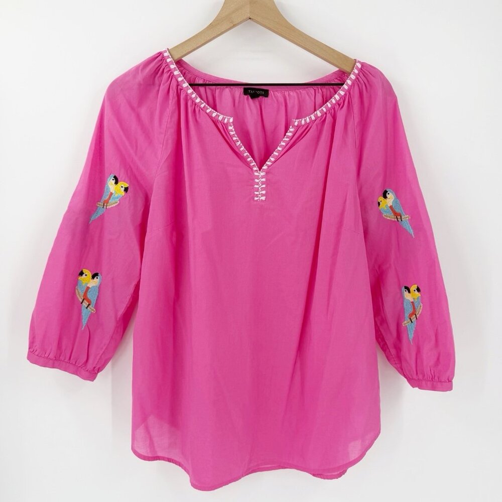 Talbots Parrot Embellished Voile Popover Top M Resort Summer Cotton Lightweight